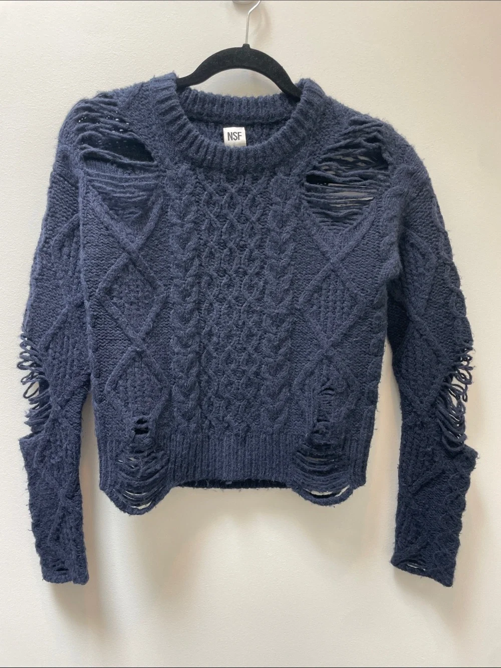 NSF Distressed m Crewneck Wool Sweater Size Small Navy